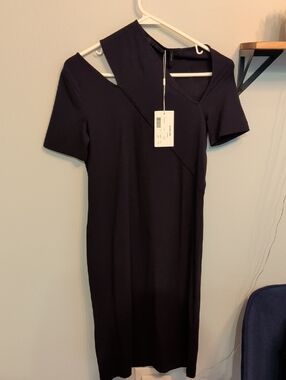 Helmut Lang Slash asymmetrical neckline cutout black tee shirt mini dress